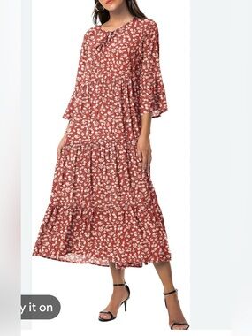 Womens 3/4 Sleeve Casual Bohemian Midi Dress
